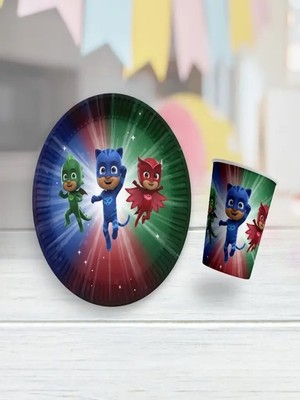 Pijamaskeliler Temalı Karton Tabak Bardak Set 8 Tabak 8 Bardak