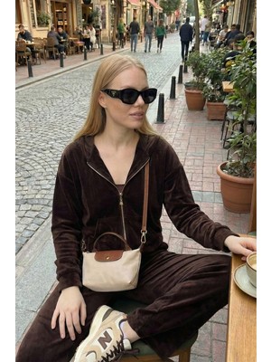Lela Pamuklu Regular Fit Kapüşonlu Kadife Dokulu 3'lü Takım Bayan Takım 6830097