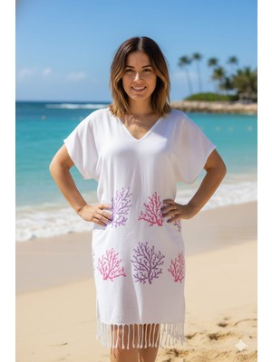 Nevin Acar Mürdüm Mercan Lüks Baskılı Bambu Peştemal Plaj Elbisesi