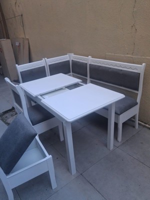 Bengi Ankara Mobilya Köşe Mutfak 90553 Tk Kayın Ahşap Sandık Açıl Masa Babyface Gri Kumaş Parlak Beyaz Lake