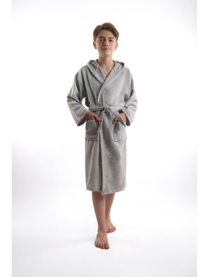 Eymir Home Collection Kadife Kapüşonlu Çocuk Bornozu Gri