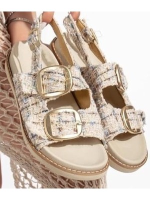 SEPET365 Olira Bej Simli Kemerli Sandalet