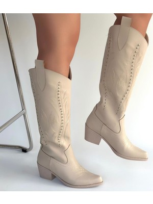 SEPET365 Meof Bej Cilt Topuklu Çizme