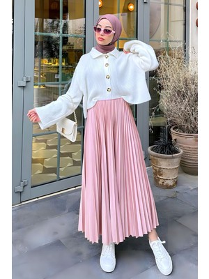 Rfk Butik Kadın Piliseli Tesettür Etek - Açık Toz Pembe