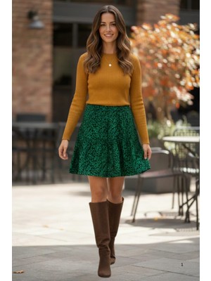 Maksen Tekstil Belmando Viskon Desenli Beli Lastikli Yeşil Mini Kadın Şort Etek