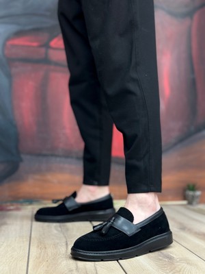 Beskar BA0005 Bağcıksız Yüksek Taban Siyah Kemerli Klasik Püsküllü Corcik Erkek Ayakkabı