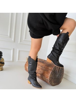 SEPET365 Jeoni Siyah Cilt Topuklu Çizme