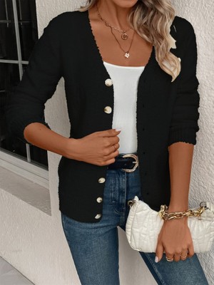 Moda Loris Kadın Uzun Kollu Önden Düğmeli Kısa Triko Hırka