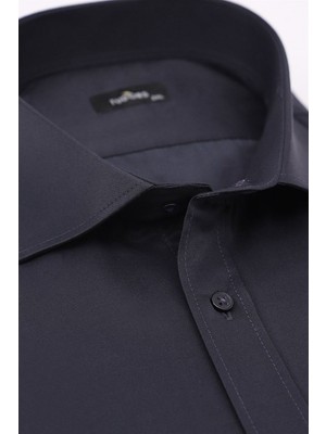 Tudors Büyük Beden Uzun Kol Düz Lacivert Gömlek