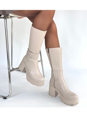 SEPET365 Moki Bej Cilt Topuklu Çizme