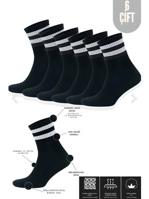 UZN Socks Pamuklu Unisex Kolej Çorap – Siyah Çizgili Spor Çorap (6’lı Set)