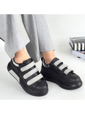 SEPET365 Elika Siyah Cilt Simli Cırt Cırtlı Spor Ayakkabı