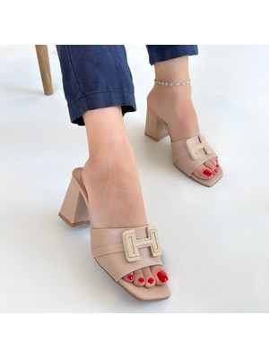 SEPET365 Erew Bej Cilt Topuklu Terlik