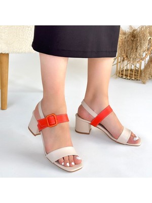 SEPET365 Year Bej Cilt Turuncu Detaylı Topuklu Ayakkabı