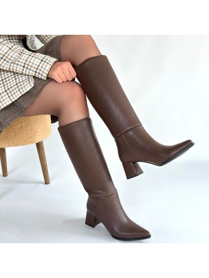SEPET365 Roksa Acı Kahvei Cilt Topuklu Çizme