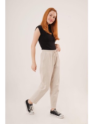 Moda Loris Cepli Belden Bağlamalı Paça Detaylı Krem Pantolon