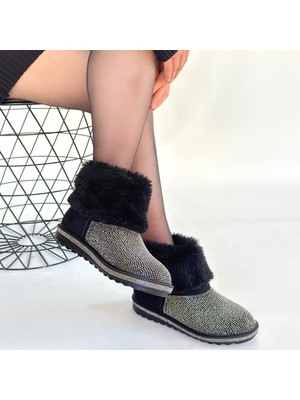 SEPET365 Linka Siyah Süet Gümüş Boncuk Işlemeli Bot