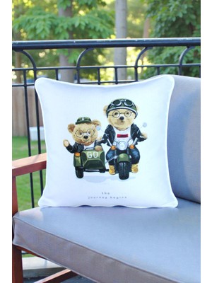 Visionario Kırlent Kılıfı Ayıcık Desenli 45X45 Raşel Örme Kadife Çift Taraflı Dijital Baskı Beyaz Biyeli - 05