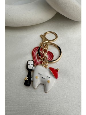 Modex Altın Rengi Kırmızı Kalp Detay Mineli Diş Çanta Aksesuarı Anahtarlık