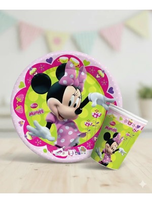 Minnie Mouse Temalı Karton Tabak Bardak Set 8 Tabak 8 Bardak