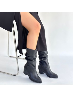 SEPET365 Yior Siyah Cilt Topuklu Bot