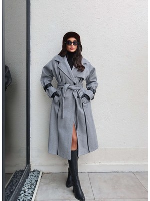 Esra Helvacı Gri Yün Leather Cuff Detay Kaşe Kaban