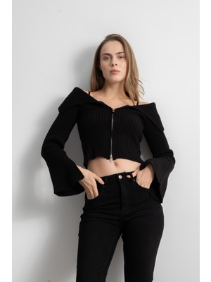 Kadın Çift Fermuarlı Fitilli Triko Hırka - Siyah