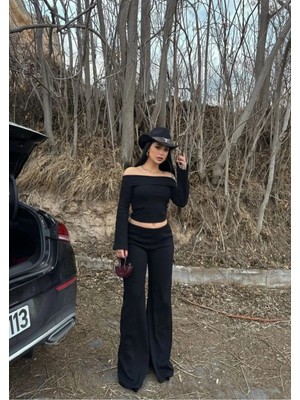 Bigümex Madonna Yaka Crop Takım Kaşkorse Kumaş Standart Beden