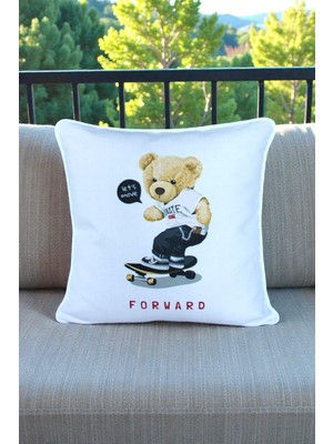 Visionario Kırlent Kılıfı Ayıcık Desenli 45X45 Raşel Örme Kadife Çift Taraflı Dijital Baskı Beyaz Biyeli - 02