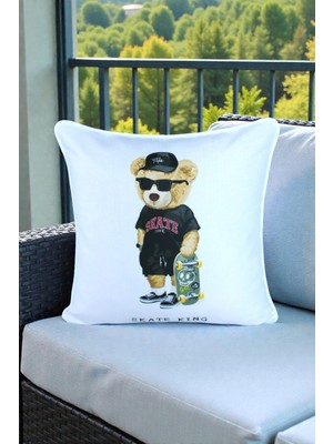 Visionario Kırlent Kılıfı Ayıcık Desenli 45X45 Raşel Örme Kadife Çift Taraflı Dijital Baskı Beyaz Biyeli - 04