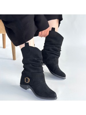 SEPET365 Canty Siyah Süet Körüklü Topuklu Çizme