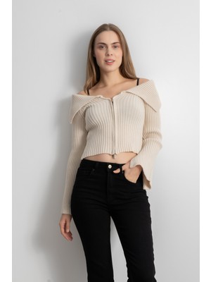 Kadın Çift Fermuarlı Fitilli Triko Hırka - Krem