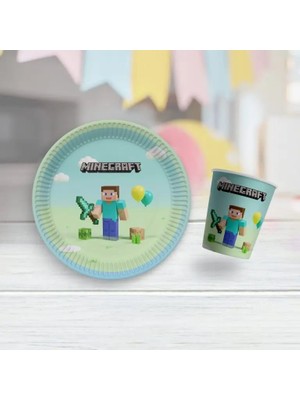Minecraft Temalı Karton Tabak Bardak Set 8 Tabak 8 Bardak