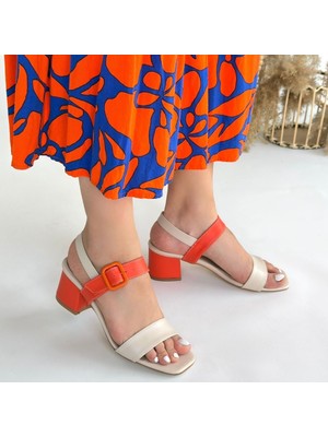 SEPET365 Year Bej Cilt Turuncu Detaylı Turuncu Topuklu Topuklu Ayakkabı