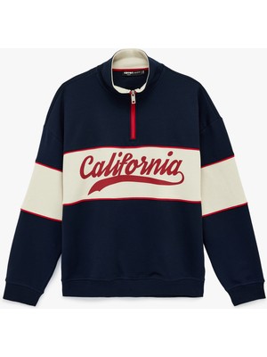Koton Oversize Şardonlu Renk Bloklu Kolej Baskılı Yarım Fermuarlı Sweatshirt