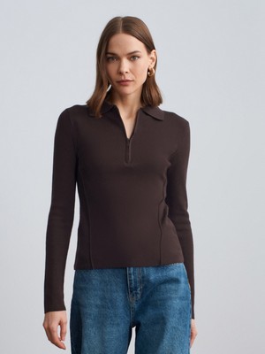 Dilvin 10862 Kaşmir Karışımlı Fermuarlı Kazak-Koyu Kahve