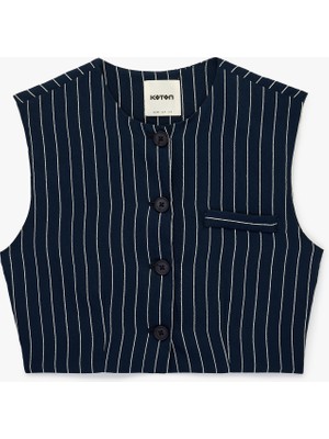Koton Düğmeli Bisiklet Yaka Çizgili Crop Blazer Yelek