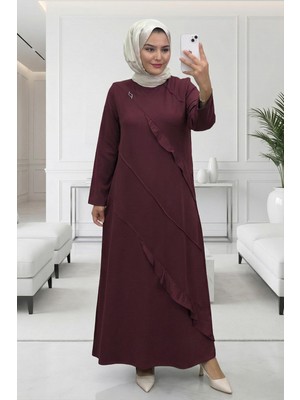 Hermevsim Elele Kadın Arden Oysho Verev Modelli Kombinli Bordo Elbise