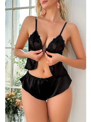 İmoda Gcm Kadın Siyah Önü Klips, Göğsü Dantel Detaylı Mini Şortlu Takım