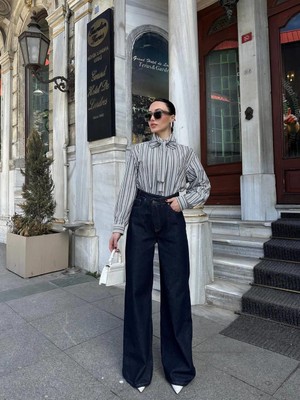 Ecenin Favorileri Çapraz Düğme Detaylı %100 Pamuk Lacivert Kadın Pantolon