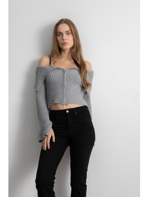 Kadın Çift Fermuarlı Fitilli Triko Hırka - Gri
