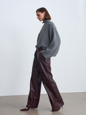 Dilvin 72238 Suni Deri Paçası Geniş Pantolon-Bordo