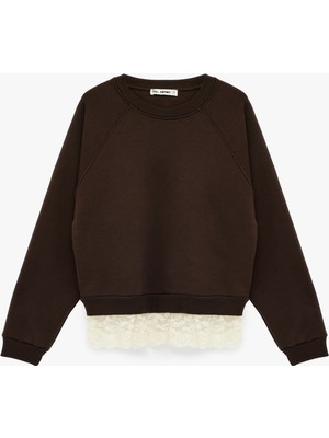 Koton Dantel Detaylı Uzun Kollu Bisiklet Yaka Oversize Sweatshirt