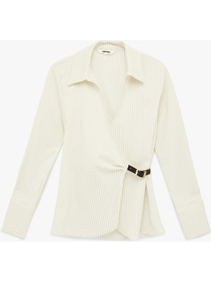 Koton Yarım Kemer Detaylı Uzun Kollu Kruvaze Çizgili Gömlek