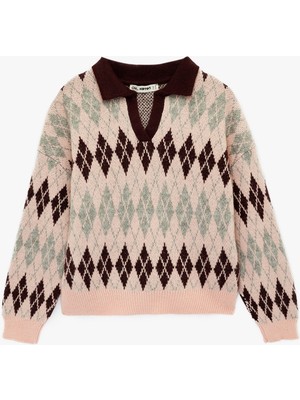 Koton Regular Fit Uzun Kollu Polo Yaka Jakarlı Triko Kazak