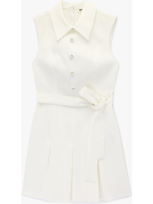 Koton Düğmeli A Kesim Kolsuz Pileli Mini Gömlek Elbise