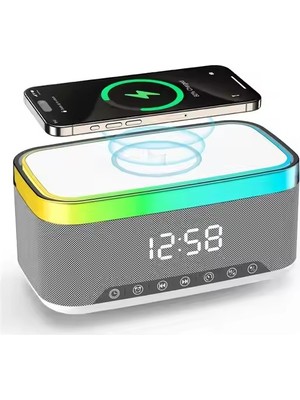 Gaman Rgb 13 Mod LED Işıklı Masa Üstü Bluetooth Speaker Masa Saati Alarmlı 15W Kablosuz Şarj Standlı