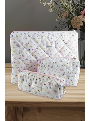 Datatek Çiçek Desenli Kalem Makyaj Labtop Bilgisayar Set Çantası