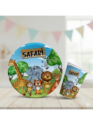 Safari Temalı Karton Tabak Bardak Set 8 Tabak 8 Bardak