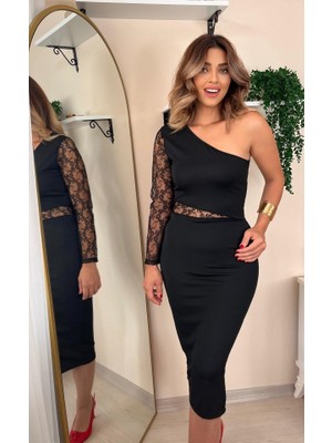 Moda Loris Kadın Siyah Tek Kol Dantel Detay Krep Elbise